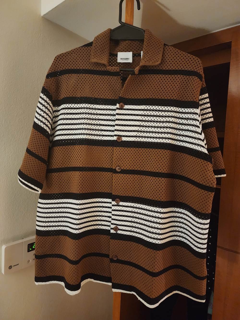 Burberry Brown Striped Mesh Shirt Short Sleeve Oversized - Picture 6 of 9